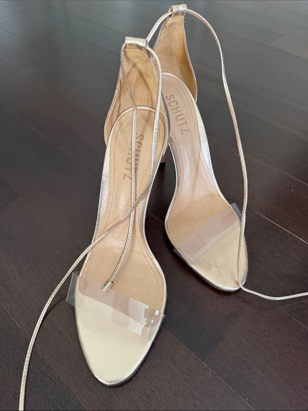 SCHUTZ Metallic Gold Ankle-Tie Heels with Clear Toe Strap